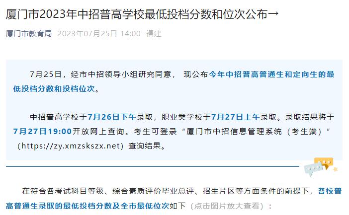 2023年廈門中考錄取分數線